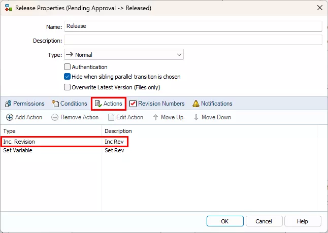 The “Inc. Revision” action in a workflow Transition