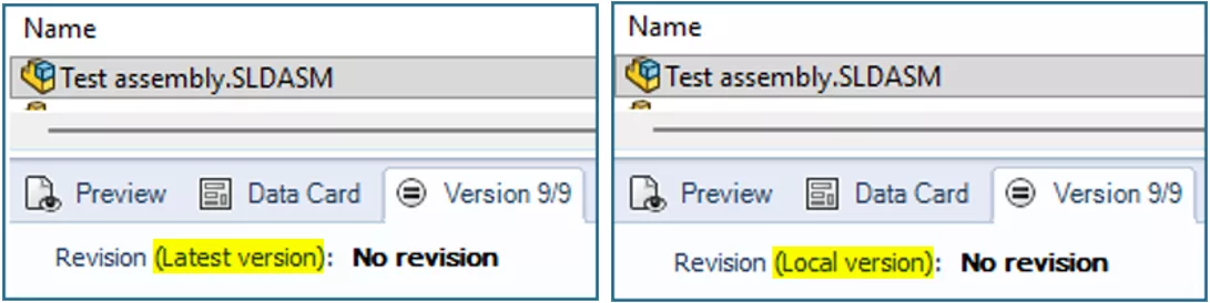 Comparison of the Version tab for the same assembly file showing version 9/9 with both “Revision (Latest Version)” and with “Revision (Local Version)” showing “No Revision