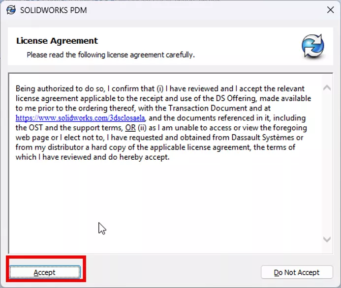 SOLIDWORKS PDM License Agreement Message