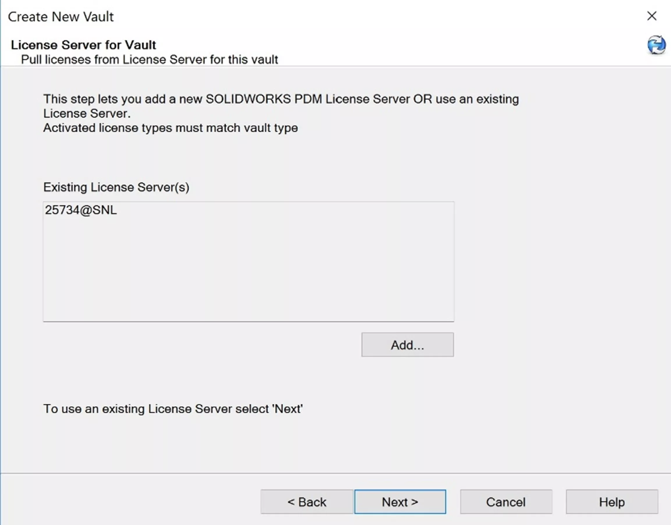 SOLIDWORKS PDM License Server for Vault Dialog