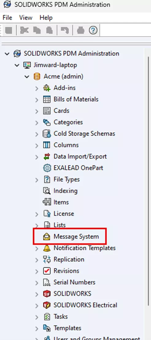 SOLIDWORKS PDM Message System Option