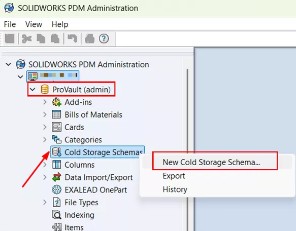 SOLIDWORKS PDM Administration New Cold Storage Schema Option