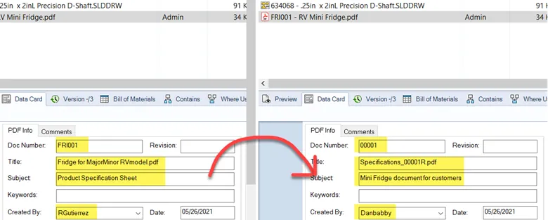 SOLIDWORKS PDM New Version Data Card Values