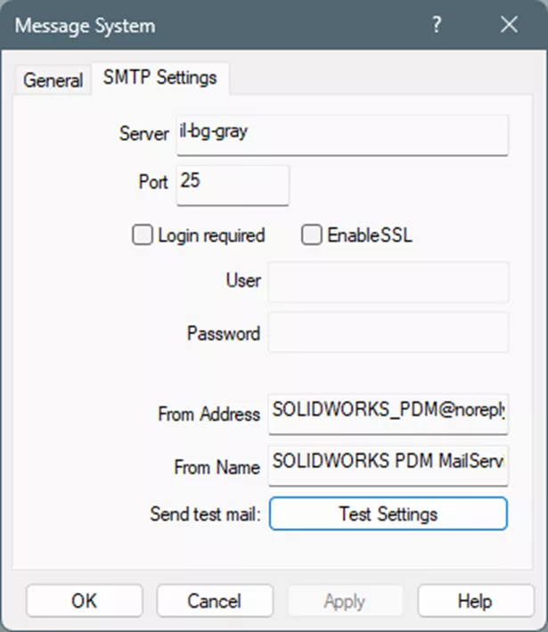 SOLIDWORKS PDM Notifications SMTP Settings Tab 
