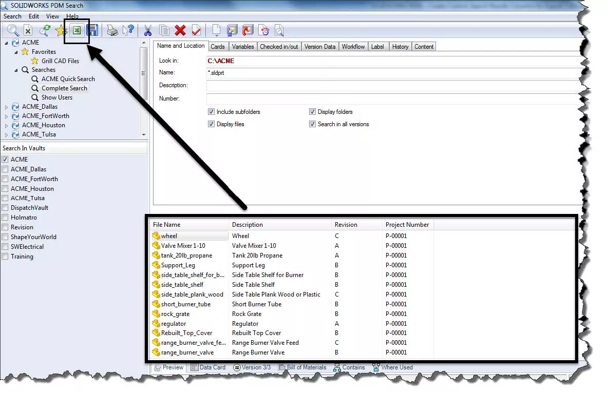 SOLIDWORKS PDM Open Search Result Button 