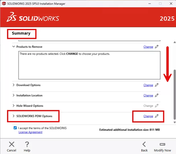 Change SOLIDWORKS PDM Options in the Installation Manager Summary