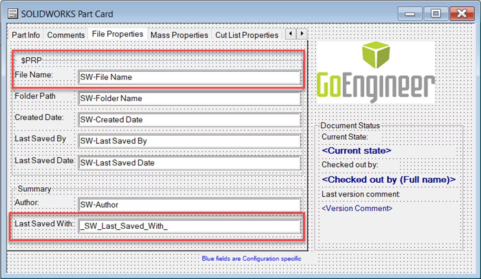 SOLIDWORKS PDM Part Card File Name and Last Saved As Fields