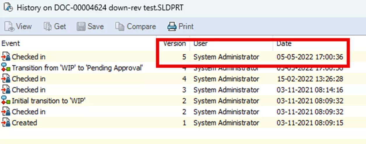SOLIDWORKS PDM Part History Shows Checked In from System Administrator 