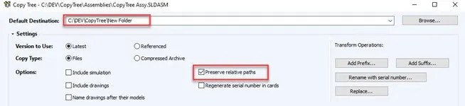 SOLIDWORKS PDM Preserve Relative Paths Option Checked