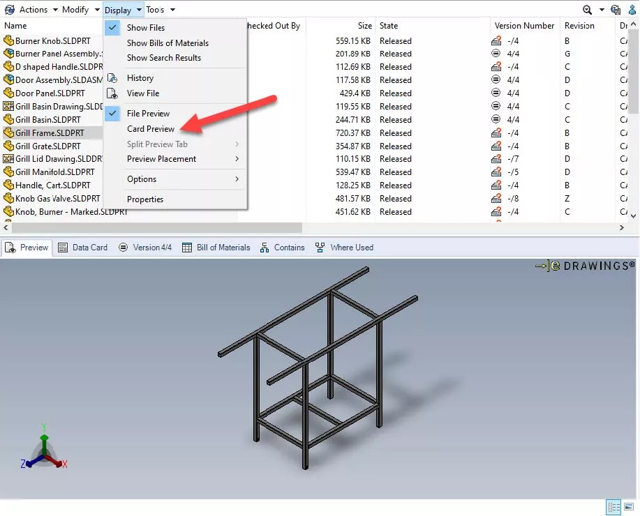SOLIDWORKS PDM Preview Tab Options Removing Card Preview