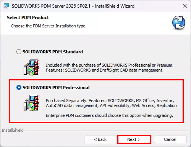On Select PDM Product, leave the selection on SOLIDWORKS PDM Professional and click Next.