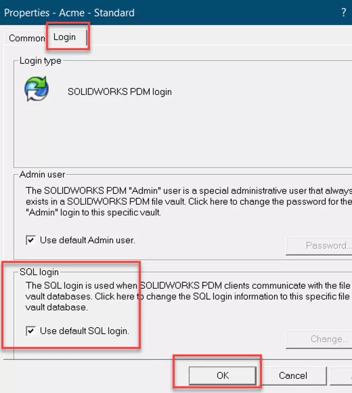 SOLIDWORKS PDM Professional Properties Login Tab 