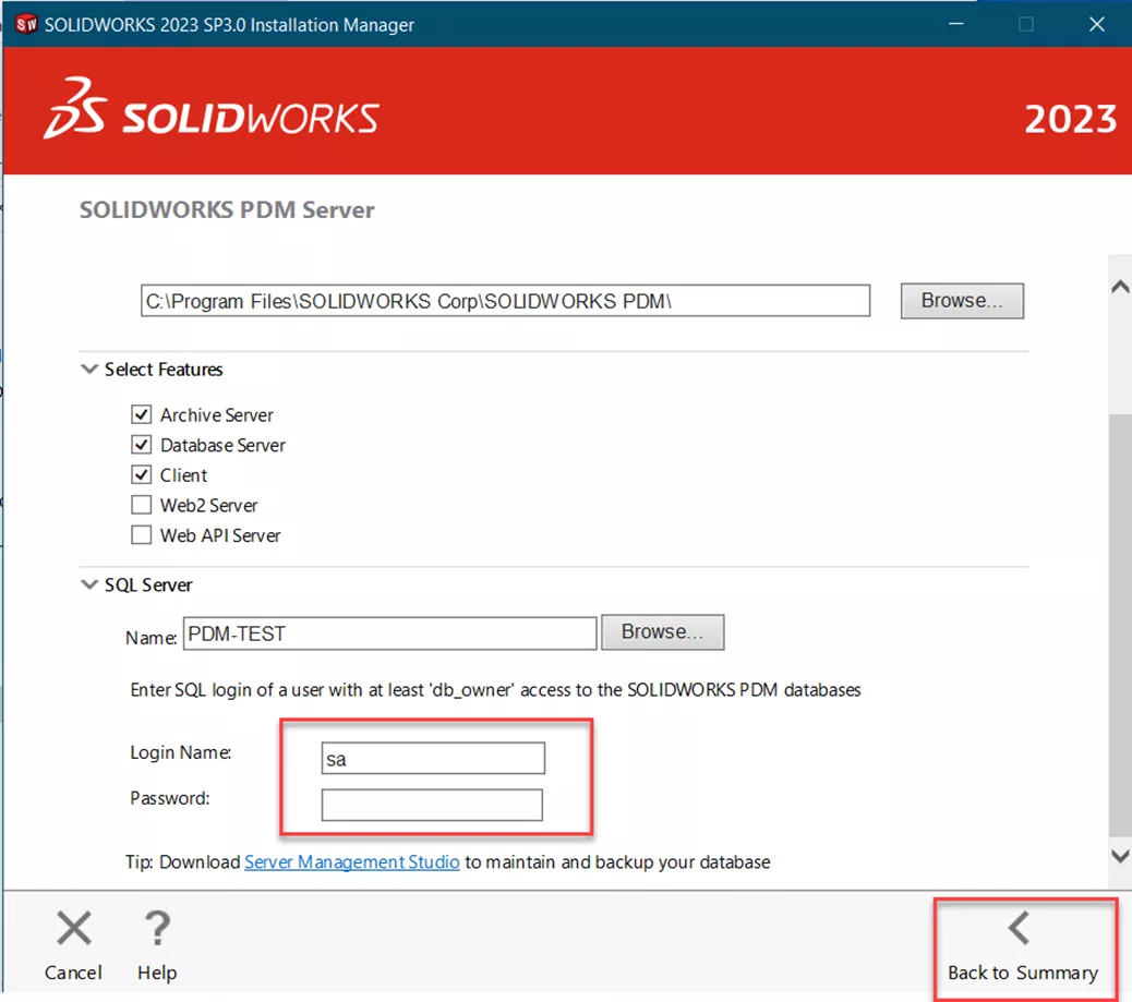 SOLIDWORKS PDM Professional SQL Credentials