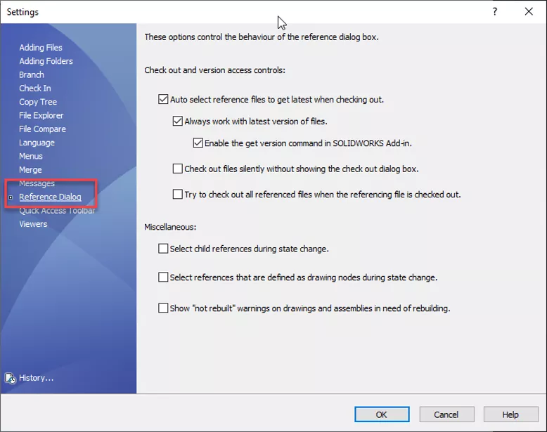 SOLIDWORKS PDM Settings Reference Dialog