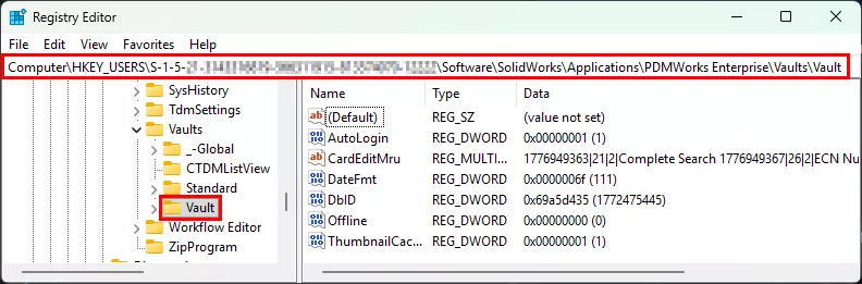 SOLIDWORKS PDM Registry Editor Vaults Folder
