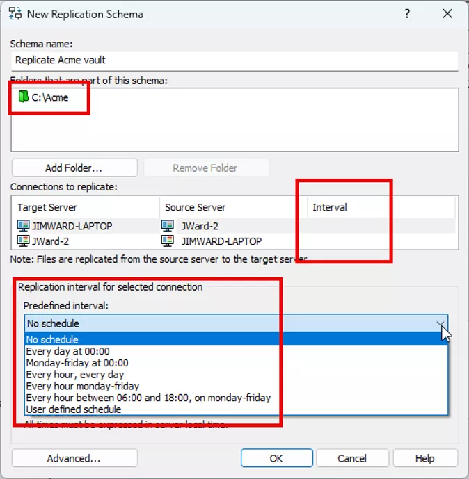 SOLIDWORKS PDM Replication Interval Selected Connection Values