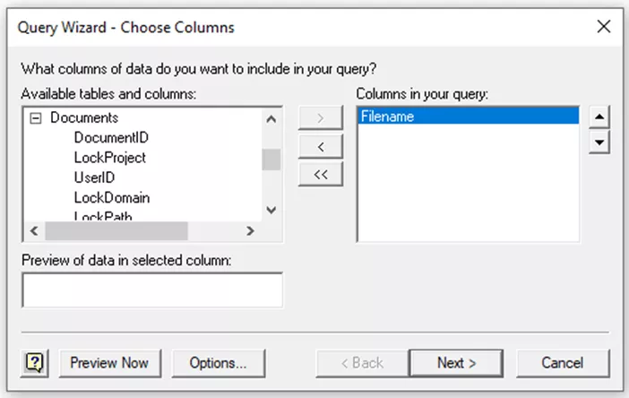Query Wizard Choose Columns SOLIDWORKS PDM Reporting
