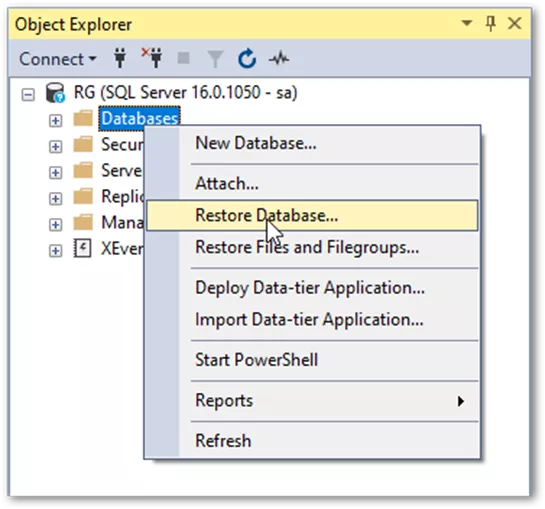 SOLIDWORKS PDM Object Explorer Restore Database...