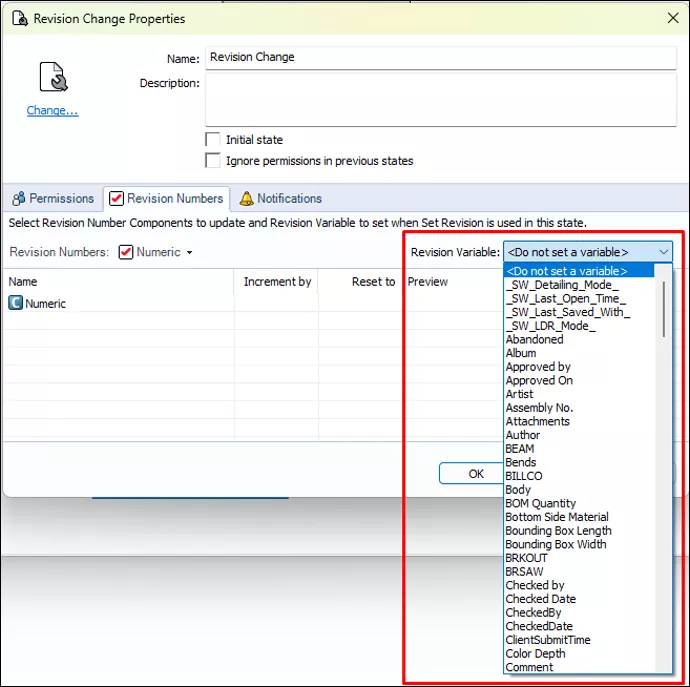 The properties for a workflow State, showing the expanded “Revision Variable” dropdown where you can assign the variable you want to use for Revisions