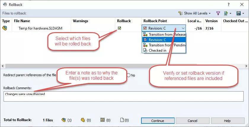 SOLIDWORKS PDM Rollback Files