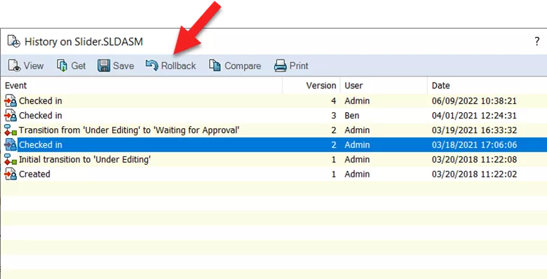 Rolling back to a previous verion in SOLIDWORKS PDM 