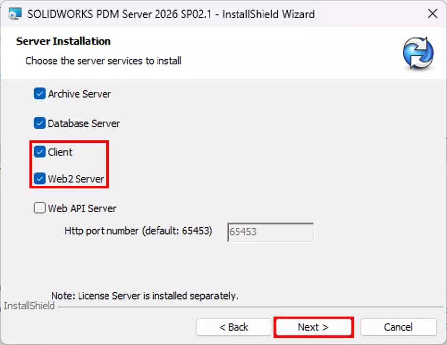 Client and Web2 Server Options in SOLIDWORKS PDM Server Install Wizard
