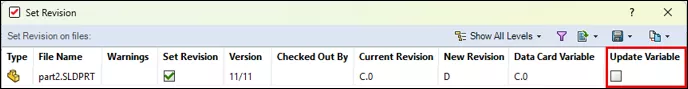 The Set Revision dialog, highlighting the Update Variable checkbox, which will populate the Revision Variable you assigned in the Workflow State properties