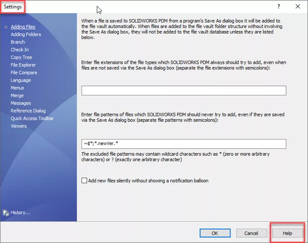 Help Option in SOLIDWORKS PDM Settings Dialog
