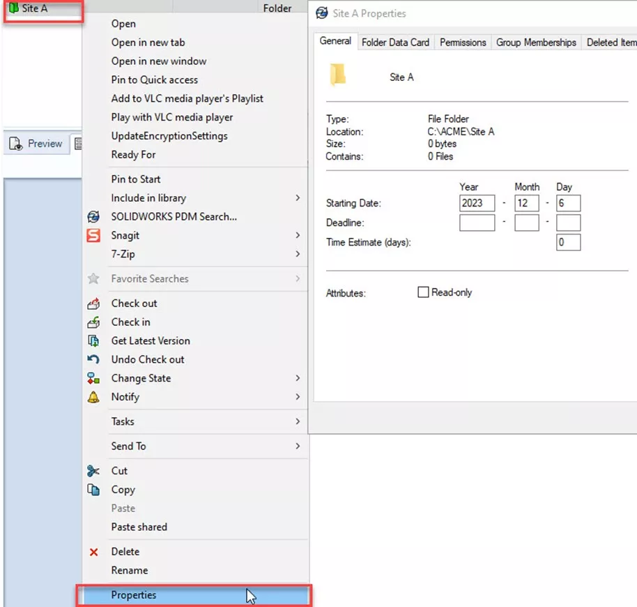 SOLIDWORKS PDM Folder Properties Window 