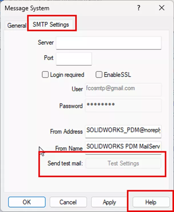 SOLIDWORKS PDM SMTP Settings