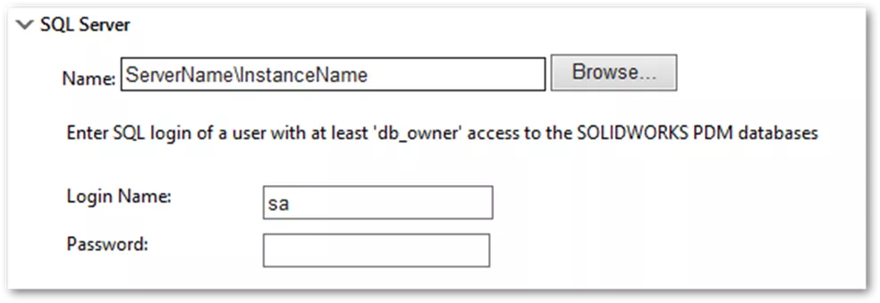 SOLIDWORKS PDM SQL Server Name 