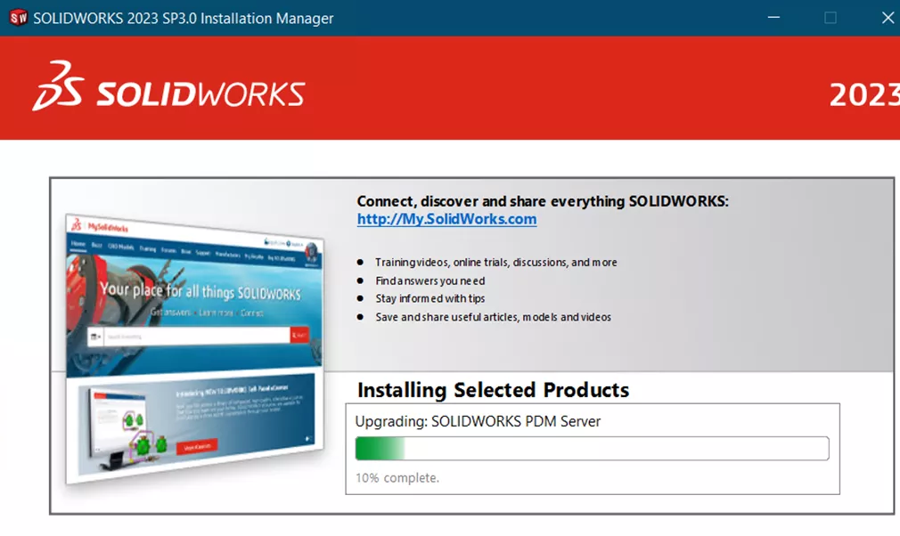 SOLIDWORKS PDM Standard Upgrade Server Installing Selected Products Dialog Box 