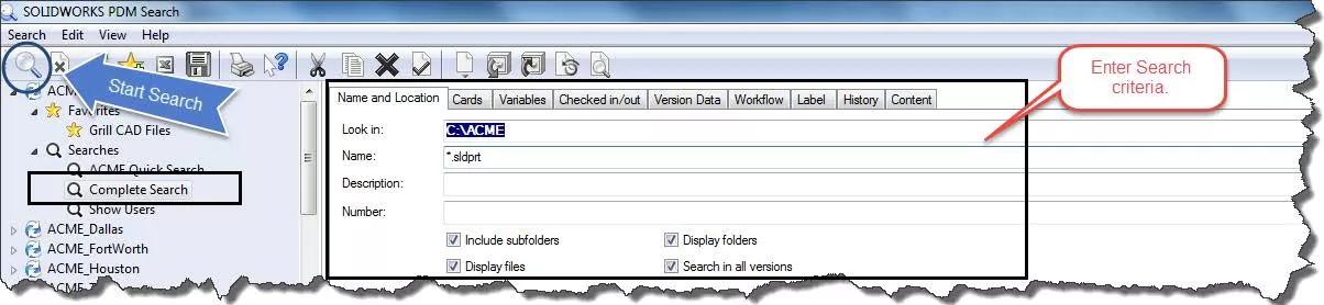 SOLIDWORKS PDM Start Search 