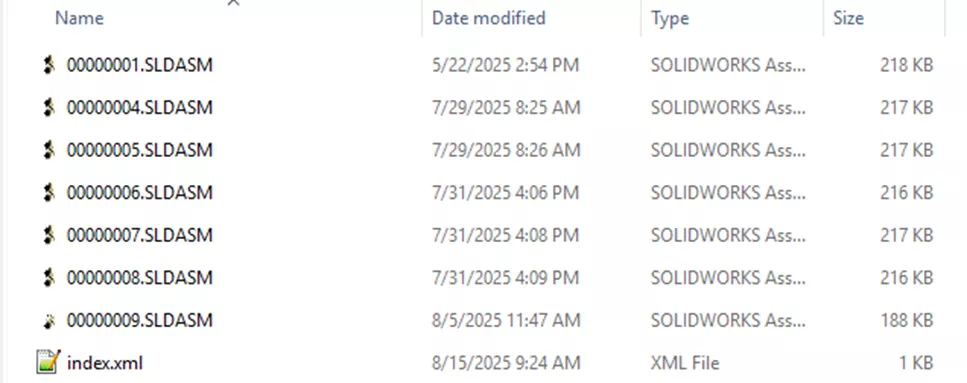 SOLIDWORKS Archive Folder Containing index.xml File