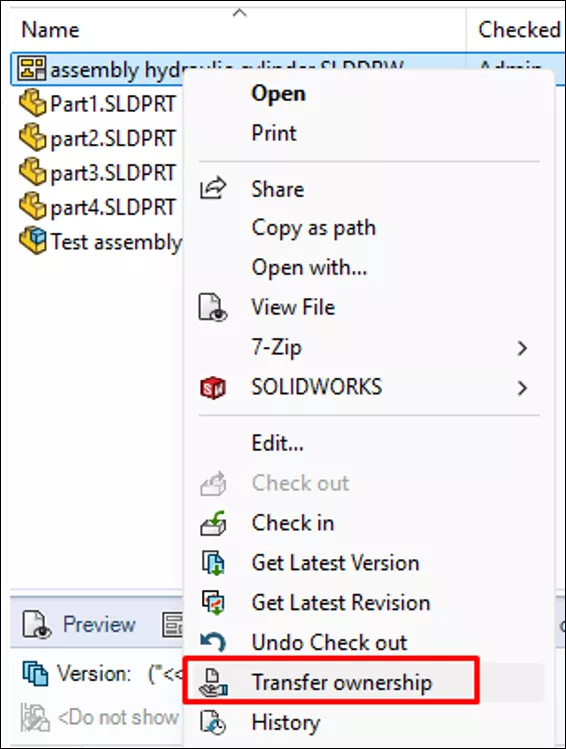Transfer Ownership Option in SOLIDWORKS PDM