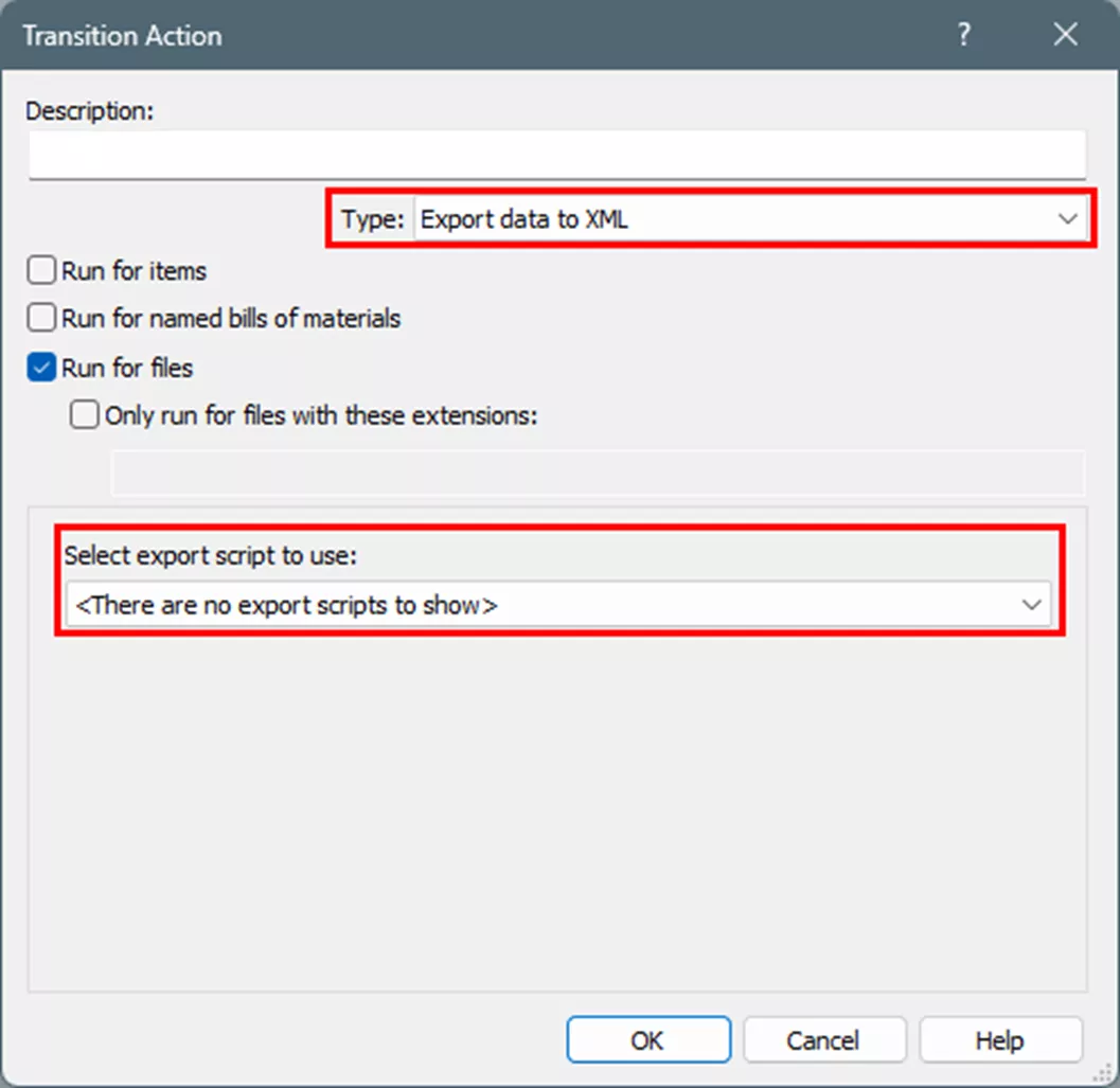 SOLIDWORKS PDM Transition Action Type Export Data to XML 