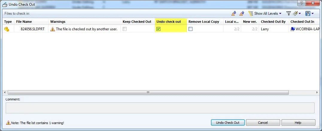 SOLIDWORKS PDM Undo Check out Checkbox