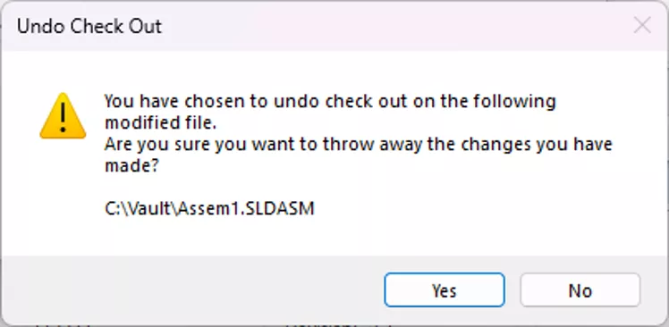 SOLIDWORKS PDM Undo Check Out Warning Message