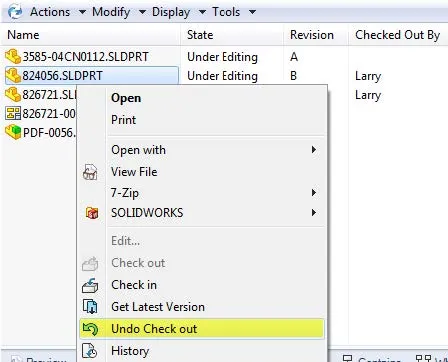 SOLIDWORKS PDM Undo Check out Option