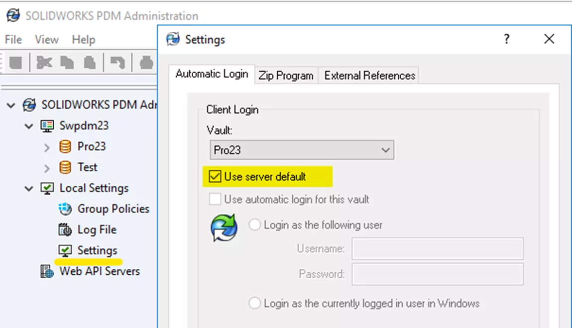 SOLIDWORKS PDM Use Server Default Windows Auto-Login
