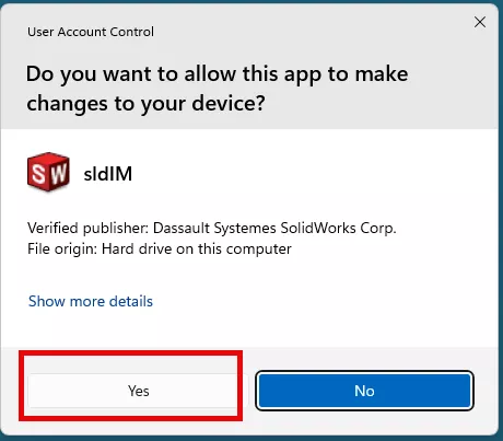 SOLIDWORKS PDM User Account Control sldIM Message