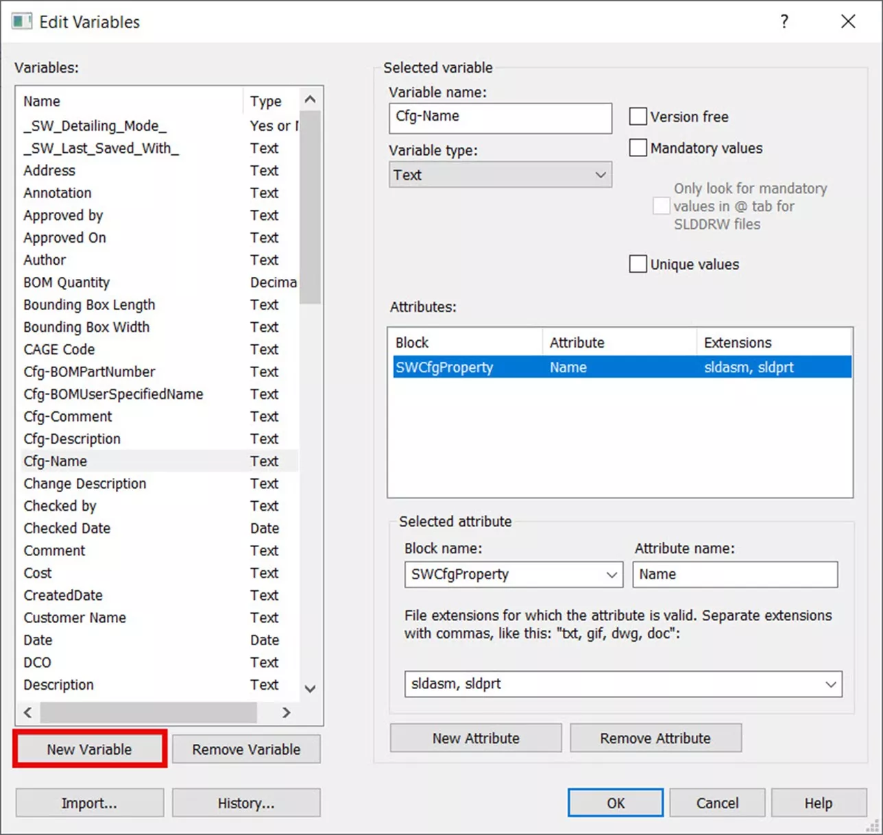 Variable Definition SOLIDWORKS 