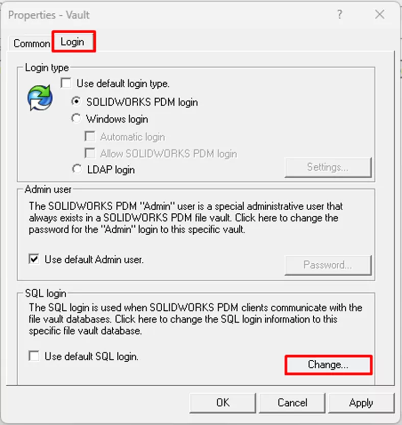 SOLIDWORKS PDM Vault Properties Change SQL Login