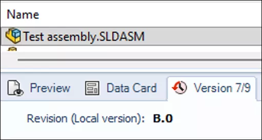 Comparison of the Version tab for the same assembly file from Image F showing version 7/9 with “Revision (Local Version)” showing “B.0