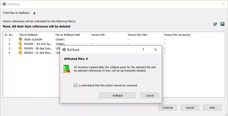 SOLIDWORKS PDM Warning Rollback Cannot Be Reversed