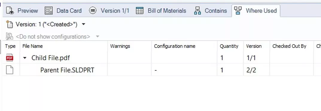 SOLIDWORKS PDM Where Used Tab