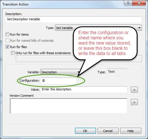 SOLIDWORKS PDM Workflow Transition Action Dialog