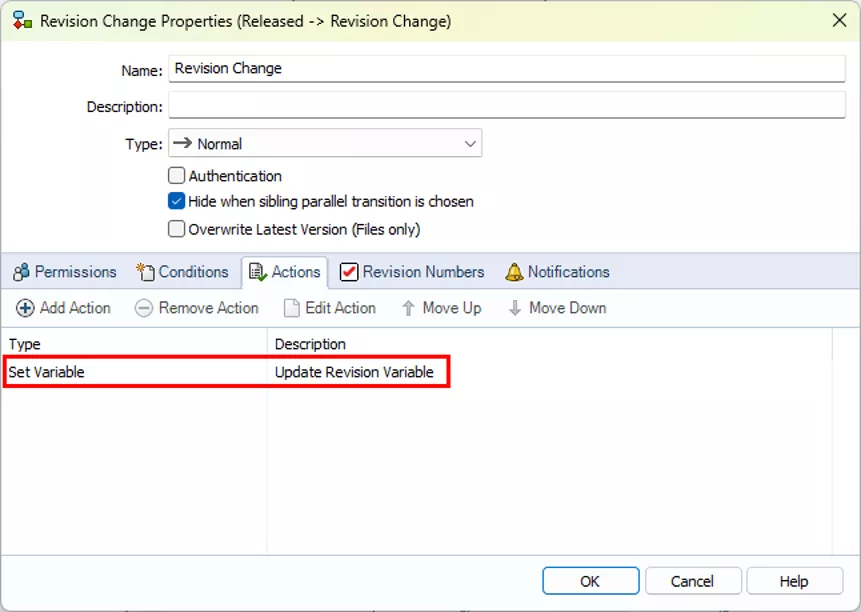 The properties of a workflow Transition, showing the Set Variable action with a description of “Update Revision Variable