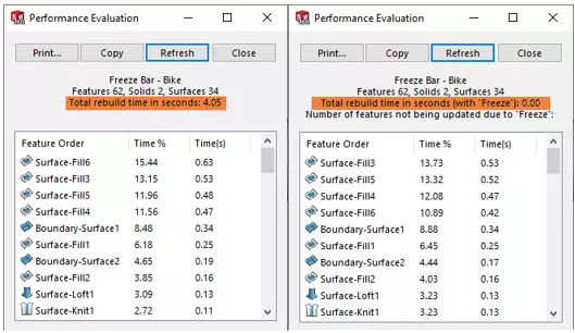 SOLIDWORKS Performance Evaluation Freeze Bar