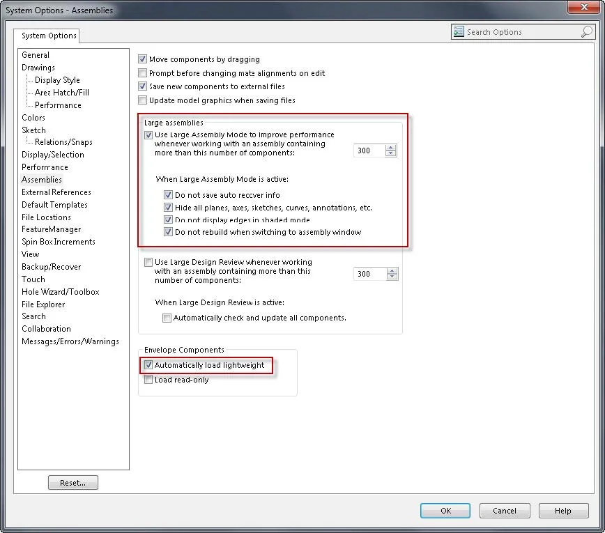solidworks performance system options assemblies